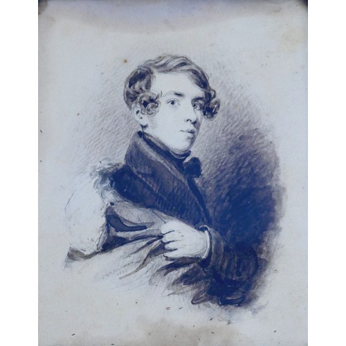 405 - E S A Norman (British, 19th century): portrait of young man watercolour on card, signed and dated 18... 