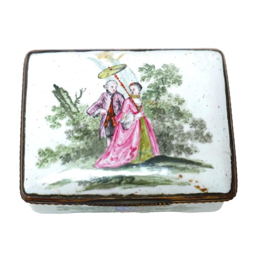 114 - An early 19th century Bilston style porcelain and enamel trinket box, hand painted decoration throug... 