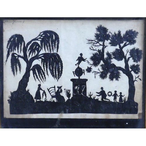 165 - European school (19th century): a silhouette outdoor scene with a family with a statue, indistinctly... 