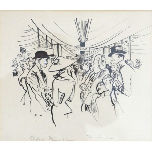 408 - Francis Marshall (British, 1901-1980): Chelsea Flower Show brush and ink, initialled with handwritte... 