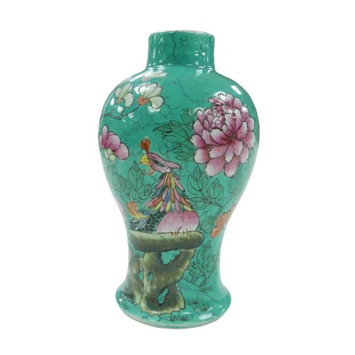6 - A 20th century Japanese baluster form vase, decorated with Phoenixes and cherry blossom upon a turqu... 