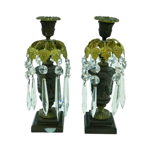 168 - A pair of continental bronze table lustres, of urn form with gilt metal mounts, glass drops, raised ... 