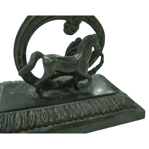 144 - A pair of 19th century bronzed metal table lustres, with horse mounts, raised upon rectangular weigh... 