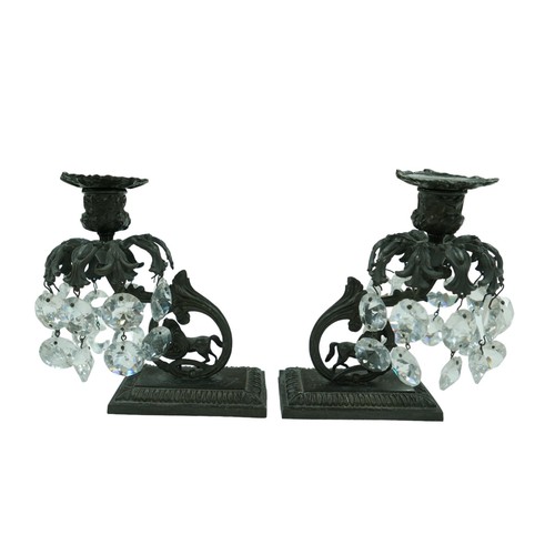 144 - A pair of 19th century bronzed metal table lustres, with horse mounts, raised upon rectangular weigh... 