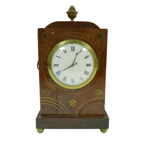 223 - A Regency cased mahogany mantel clock, with brass inlays, ormolu mounts, Roman numeral dial, later m... 