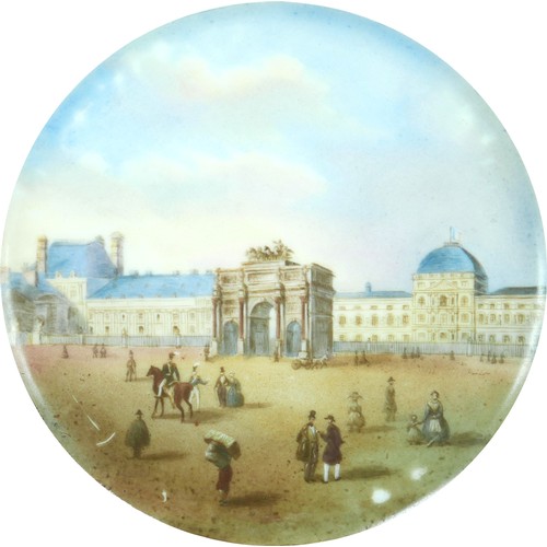 94 - Five 19th century French hand painted plates with depictions of Paris, including the Arc de Triomph,... 