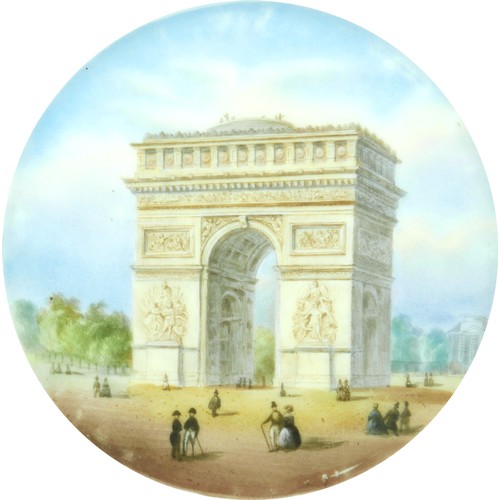 94 - Five 19th century French hand painted plates with depictions of Paris, including the Arc de Triomph,... 