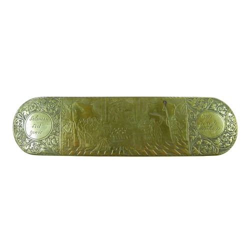 113 - An 18th century brass and copper tobacco box, of oval form, decorated with scenes of King Soloman, '... 