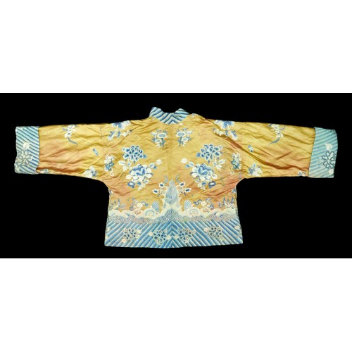 293 - An early 20th century Japanese jacket, decorated with blue chrysanthemums and butterflies on a gold ... 