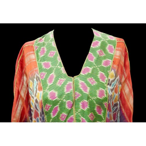 305 - A 1970s Thea Porter Couture kaftan, made of various green, pink, red and purple ground panels, adorn... 