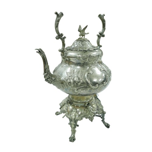 332 - A collection of silver plate, including a spirit kettle with bird surmount and presentation inscript... 