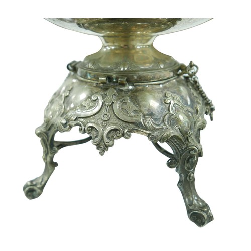 332 - A collection of silver plate, including a spirit kettle with bird surmount and presentation inscript... 