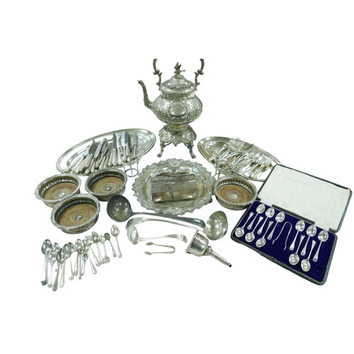 332 - A collection of silver plate, including a spirit kettle with bird surmount and presentation inscript... 