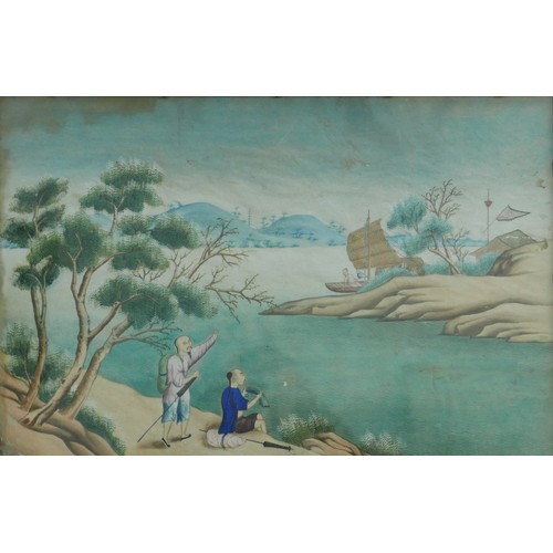 427 - Chinese school (Early 20th century): coastal scene with sailing boat and travellers resting, unsigne... 