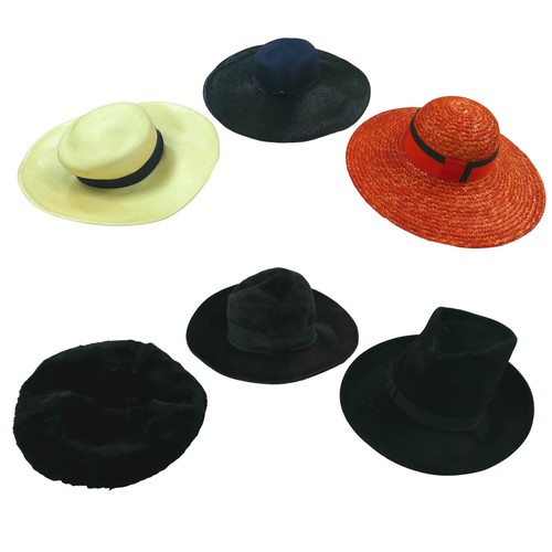 302 - Six designer and other hats, including a Philip Treacy felt hat, three wide brimmed summer hats, two... 