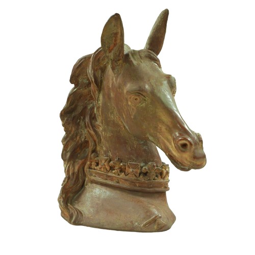 126 - A terracotta sculpture of a heraldic horse's head, with coronet around its neck, 33 by 26 by 41cm hi... 