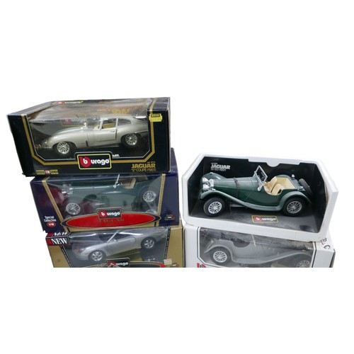 271 - Ten Bburago 1/18 scale die-cast sports car models, including a 'Porsche 356 Coupe (1961)' and a 'Jag... 