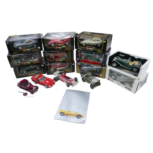 271 - Ten Bburago 1/18 scale die-cast sports car models, including a 'Porsche 356 Coupe (1961)' and a 'Jag... 