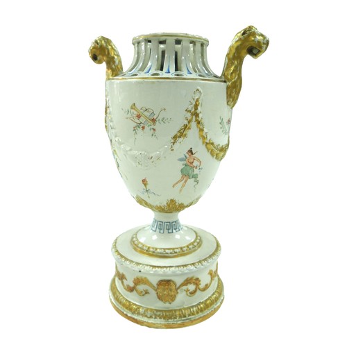 75 - A GB Nove style twin handled vase, with lions head mount handles, pierced decoration to its top, han... 