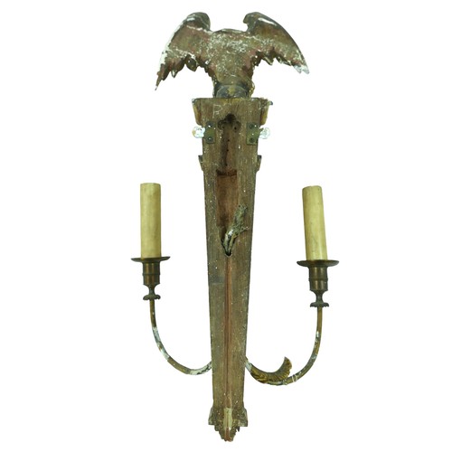 354 - Three 19th century giltwood and gesso wall sconces, each eagle surmounts, one with a ball and chain ... 