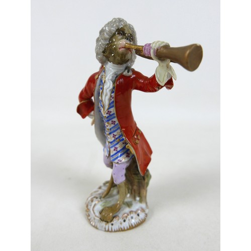 105 - Two 19th century Meissen figurines, modelled as a trumpeter and an oboist from the Monkey Band serie... 