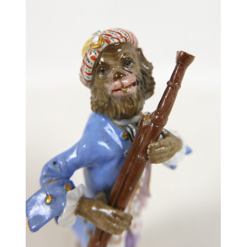 105 - Two 19th century Meissen figurines, modelled as a trumpeter and an oboist from the Monkey Band serie... 