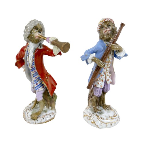 105 - Two 19th century Meissen figurines, modelled as a trumpeter and an oboist from the Monkey Band serie... 