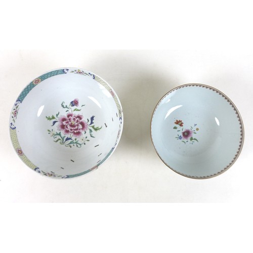 28 - Two 18th century famille rose bowls, 26cm by 11.5cm tall and 23cm by 9.5cm