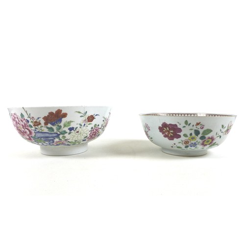 28 - Two 18th century famille rose bowls, 26cm by 11.5cm tall and 23cm by 9.5cm
