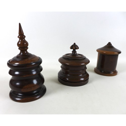 259 - Three exotic wood lidded jars including a Lignum Vitae string jar, tea caddy and tobacco jar 24cm ta... 