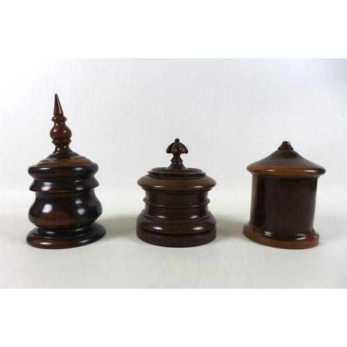 259 - Three exotic wood lidded jars including a Lignum Vitae string jar, tea caddy and tobacco jar 24cm ta... 