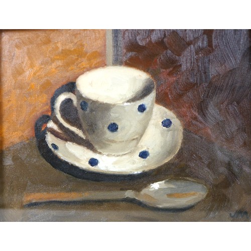 444 - Jon Morrison (British School, 20th century): still life, depicting a cup, saucer and spoon, oil on b... 