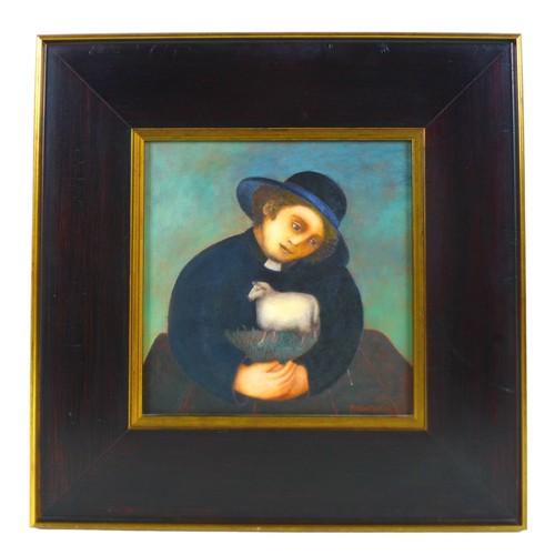 460 - Nicola Slattery RBA (b.1963) acrylic on wood Pious Sheep, frame size 42cm by 43cm bought from the Fo... 