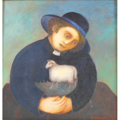 460 - Nicola Slattery RBA (b.1963) acrylic on wood Pious Sheep, frame size 42cm by 43cm bought from the Fo... 