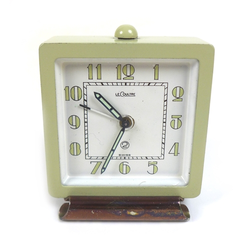 224 - A retro Jaeger LeCoultre alarm clock, with pale blue metal case, Arabic dial, 5.5 by 3.5 by 6.5cm hi... 