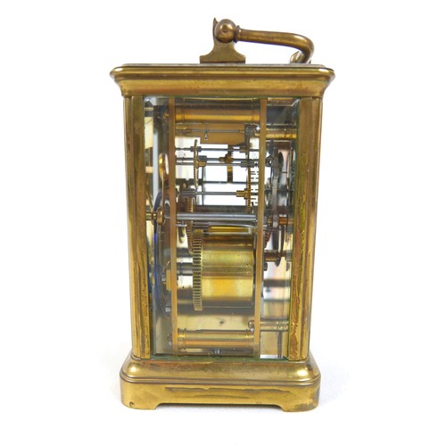 229 - A late Victorian brass carriage clock striking on a gong with leather outer case, 9 by 7 by 16cm hig... 