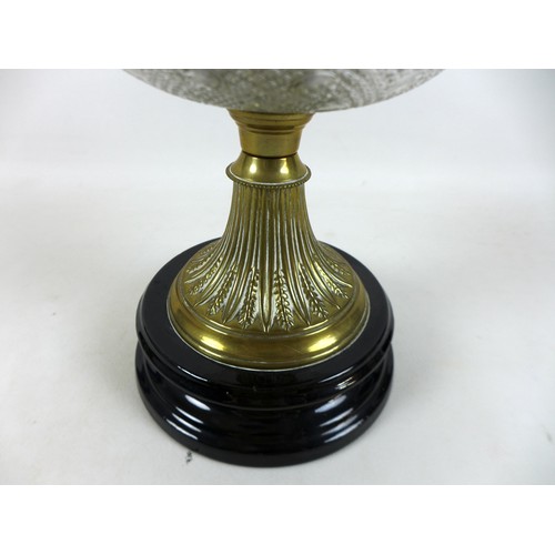 350 - A Victorian paraffin lamp, with etched glass globe shade and clear glass chimney, 17 by 58cm high.