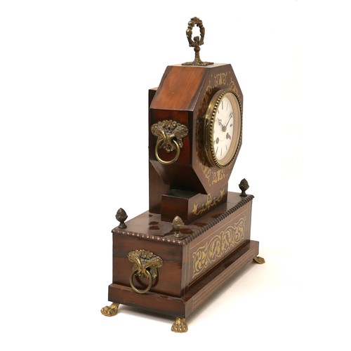 230 - A French early 19th century mantel clock, with brass inlaid rosewood octagonal case, white enamel di... 