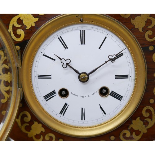 230 - A French early 19th century mantel clock, with brass inlaid rosewood octagonal case, white enamel di... 