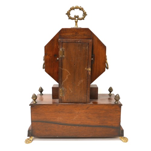 230 - A French early 19th century mantel clock, with brass inlaid rosewood octagonal case, white enamel di... 