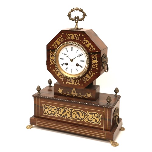 230 - A French early 19th century mantel clock, with brass inlaid rosewood octagonal case, white enamel di... 