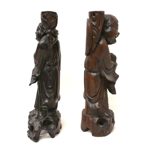 246 - Two Chinese carved wooden figures, one previously a table lamp base, both 37cm high. (2)