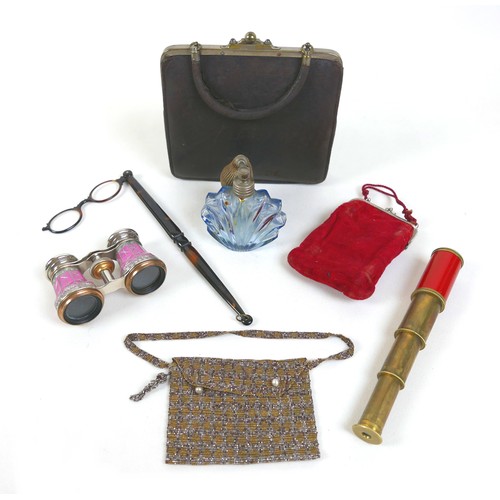 161 - A pair of opera glasses, lorgnettes, two opera bags, a pocket telescope, and a perfume bottle. (6)