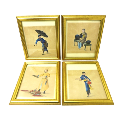 20 - A set of four Chinese painted pictures, depicting figures at various pursuits, 26 by 24cm, in gold e... 