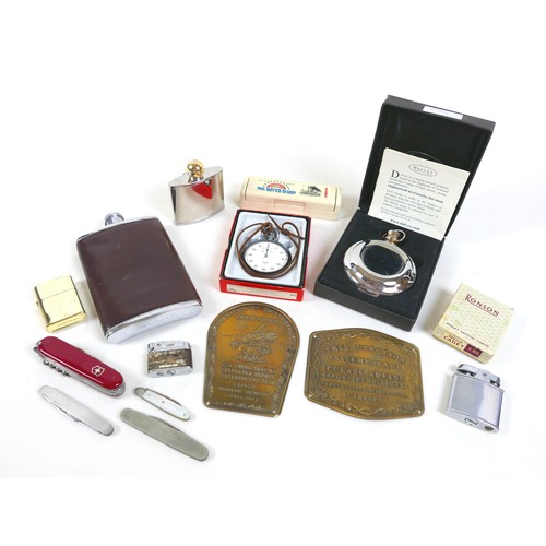 156 - A group of collectables, including a vintage Heuer stopwatch, boxed, two hip flasks, several lighter... 