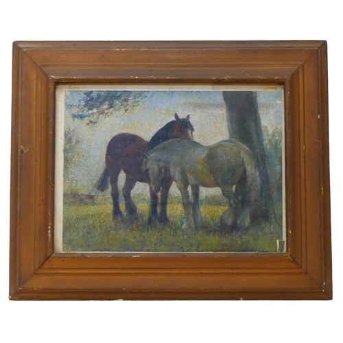 445 - Frederick Charles Herrick (British, 1887-1970): a study of two horses under a tree, oil on paper, st... 