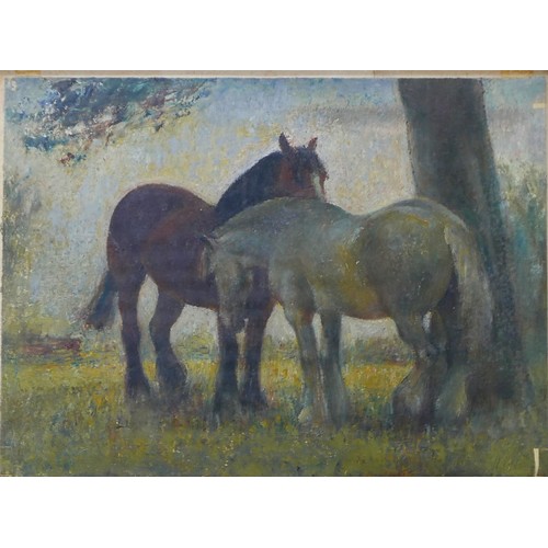 445 - Frederick Charles Herrick (British, 1887-1970): a study of two horses under a tree, oil on paper, st... 