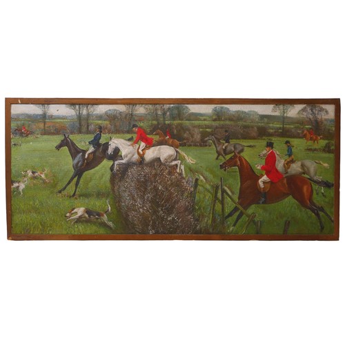 462 - Frederick Charles Herrick (British, 1887-1970): English hunt scene with riders jumping a fence oil o... 