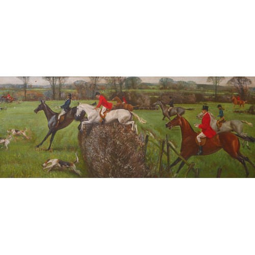 462 - Frederick Charles Herrick (British, 1887-1970): English hunt scene with riders jumping a fence oil o... 