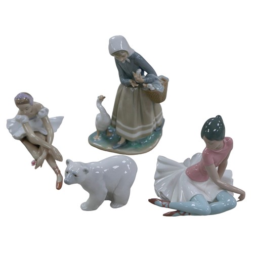 49 - Four Lladro figurines, including a Lladro figurine of a girl with three geese, 23cm high, together w... 